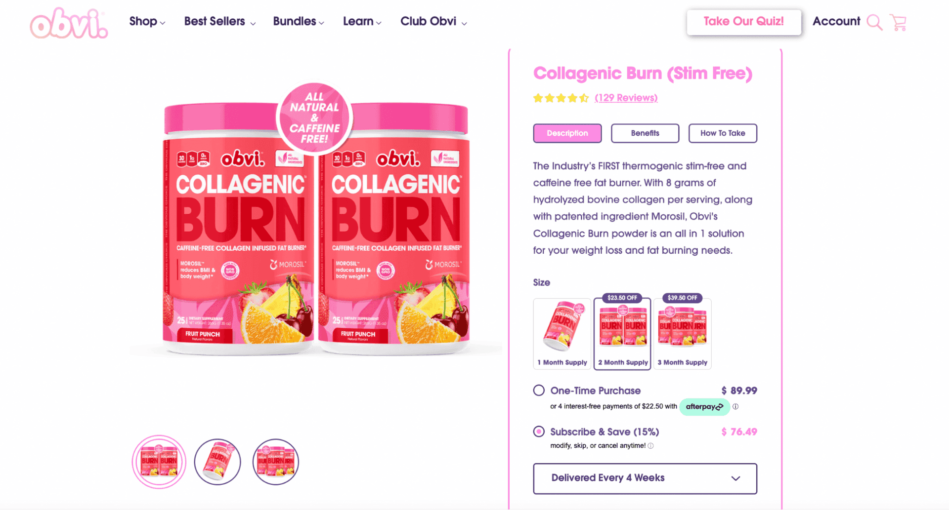 Shopify product option example, Obvi