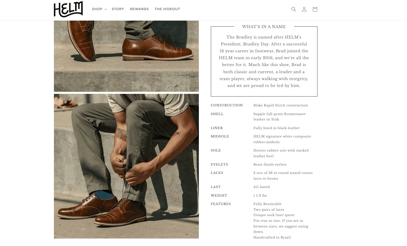 Shopify product specs example, Helm Boots
