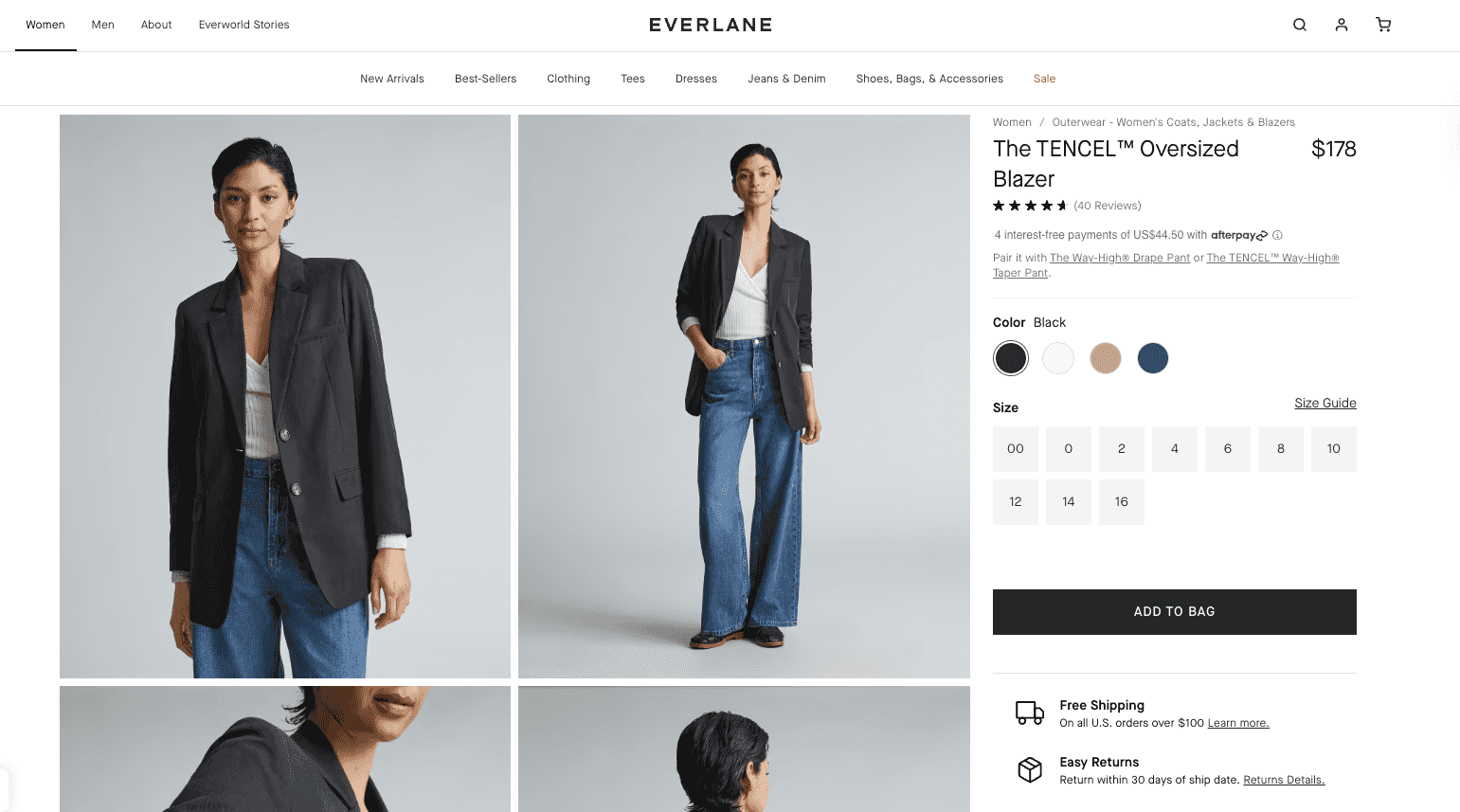 Shopify product page example, Everlane