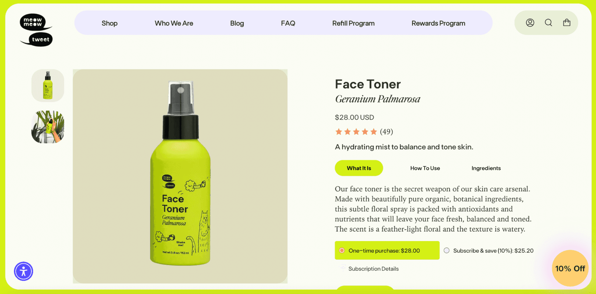 Shopify product page example, Meow Meow Tweet